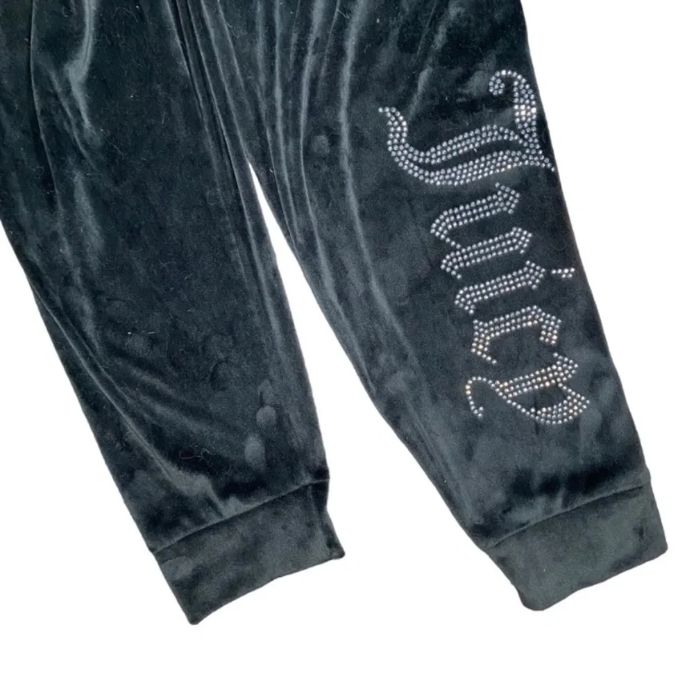 Juicy Couture Black Velour Lounge Set M Y2K Rhinestone Logo Tracksuit Cozy Glam - Picture 8 of 9